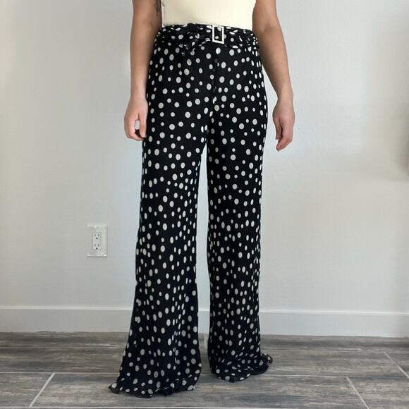 Vintage Carlisle 100% Silk Polka Dot Wide Leg Pants with Belt Black White Size 4 - Picture 1 of 14
